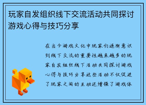 玩家自发组织线下交流活动共同探讨游戏心得与技巧分享