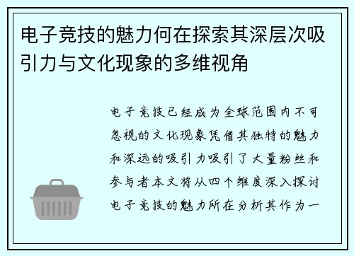 电子竞技的魅力何在探索其深层次吸引力与文化现象的多维视角