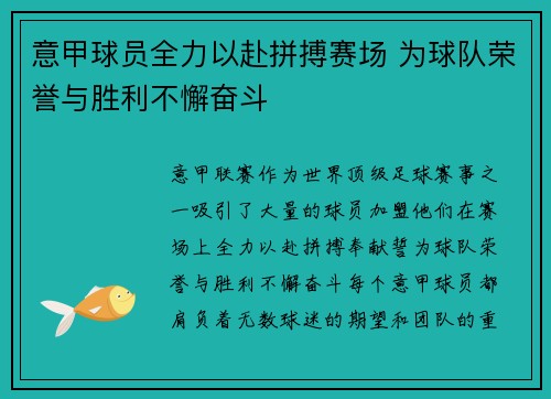 意甲球员全力以赴拼搏赛场 为球队荣誉与胜利不懈奋斗