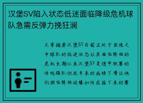 汉堡SV陷入状态低迷面临降级危机球队急需反弹力挽狂澜