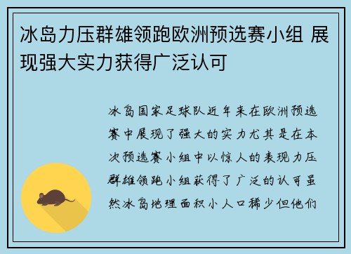 冰岛力压群雄领跑欧洲预选赛小组 展现强大实力获得广泛认可