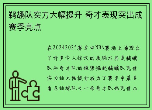 鹈鹕队实力大幅提升 奇才表现突出成赛季亮点