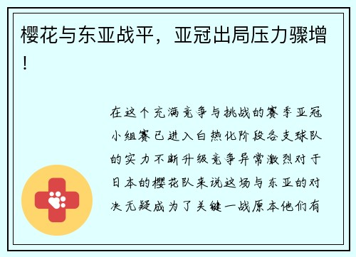 樱花与东亚战平，亚冠出局压力骤增！