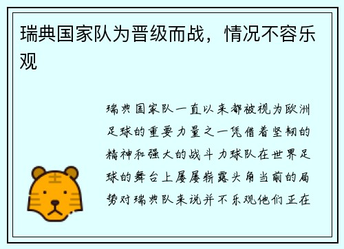 瑞典国家队为晋级而战，情况不容乐观