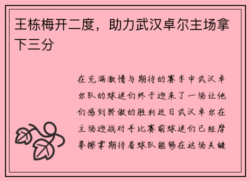 王栋梅开二度，助力武汉卓尔主场拿下三分