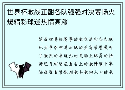 世界杯激战正酣各队强强对决赛场火爆精彩球迷热情高涨