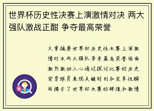 世界杯历史性决赛上演激情对决 两大强队激战正酣 争夺最高荣誉