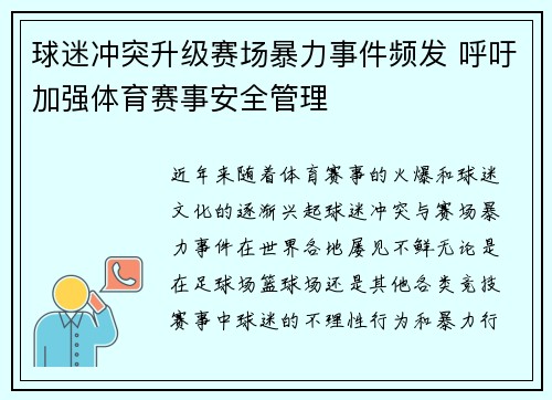 球迷冲突升级赛场暴力事件频发 呼吁加强体育赛事安全管理