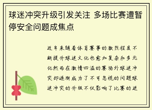 球迷冲突升级引发关注 多场比赛遭暂停安全问题成焦点