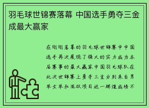 羽毛球世锦赛落幕 中国选手勇夺三金成最大赢家